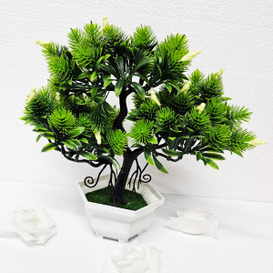 Bonsai decorativ artificial, cu pasari, in ghiveci miniatural, Balance Bird, Galben, Inaltime 28 cm2