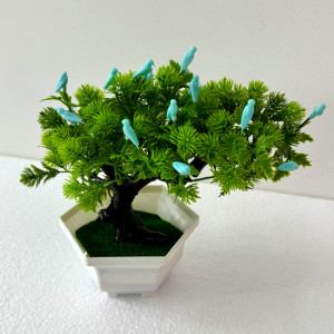 Bonsai decorativ artificial, cu pasari, in ghiveci miniatural, Balance Bird, Albastru, Inaltime 28 cm