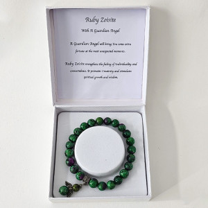 Brățară Amethyst Ruby Zoisite, din pietre semiprețioase si charm aripi de inger, in cutie cadou - Img 1
