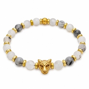 Bratara terapeutica din piatra semipretioasa Cuart cu Turmalina neagra pentru protectie si energie pozitiva, cu pandantiv auriu cap de leopard, saculet catifea si cutie din lemn sculptat - Img 2