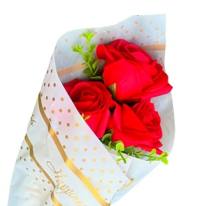 Buchet Bloom cu 3 trandafiri de sapun si plante artificiale,  Rosu