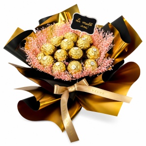 Buchet cadou Delice „La Multi Ani!”, cu 19 praline Ferrero Rocher si broom natural criogenat