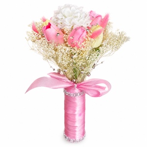Buchet de mireasa premium, cu lalele, dalie artizanala, broom conservat si perle, 34 cm