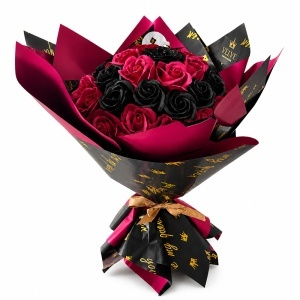 Buchet floral gigant Royal Velvet cu trandafiri de sapun si sclipici, inaltime 45cm, LED inclus, Negru - Bordo - Img 2