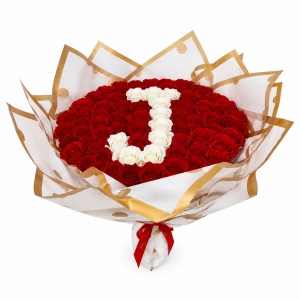 Buchet floral personalizat cu litera din 65 trandafiri de sapun, Rosu- Alb, 50x40 cm - Img 10