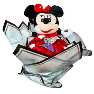 Buchet floral premium Minnie Mouse cu 31 trandafiri de sapun si fluture decorativ, 50 cm, Rosu-Alb