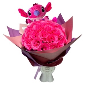 Buchet floral premium Stitch cu 35 trandafiri decorativi cu efect glitter, inaltime 42 cm, Roz - Img 4