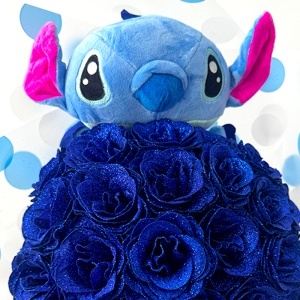 Buchet floral premium Stitch cu 35 trandafiri decorativi cu efect glitter, inaltime 40 cm, Albastru - Img 2