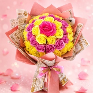 Buchet floral Royal cu trandafiri de sapun si sclipici, inaltime 45cm, LED inclus, Roz-Galben - Img 3