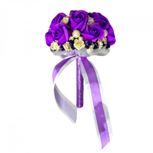 Buchet Mireasa, cu trandafiri de sapun, stamine , flori de hartie si accesorii, mov
