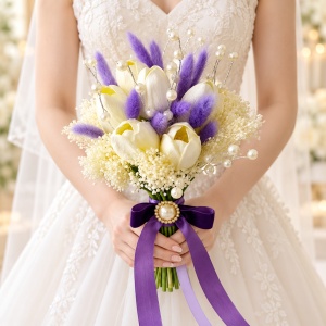 Buchet mireasa elegant Lavender Touch cu lalele albe artificiale, lagurus lila si perle - Img 1