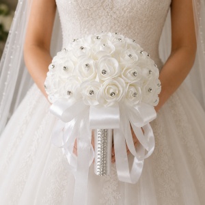 Buchet mireasa elegant Royal Pearl cu trandafiri, perle si cristale