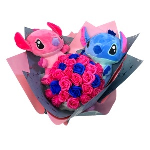 Buchet premium cu 35 trandafiri de sapun si 2 jucarii de plus Stitch, Roz-Albastru - Img 3