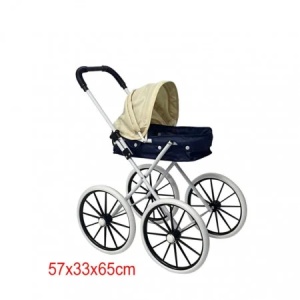 Carucior pentru papusi bleumarin cu crem, cu roti mari, model clasic, 65 cm - Img 3