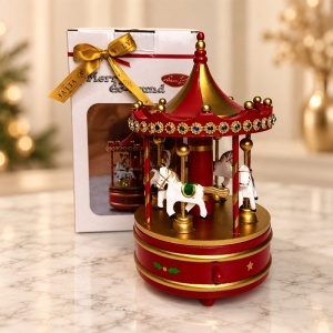 Carusel muzical decorativ cu caluti si cristale colorate, design rosu si auriu, 23 x 13 cm - Img 4