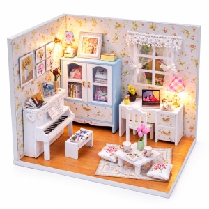 Casuta miniaturala DIY, camera muzicala cu mobilier, pian si iluminare LED