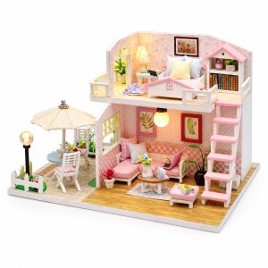 Casuta miniaturala DIY cu terasa. doua niveluri, mobilier si iluminare LED - Img 4