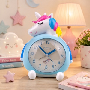Ceas de masa decorativ cu unicorn, muzica si lumini, albastru, 15x17 cm
