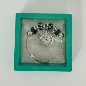 Ceas elegant Silver VSH cu pandativ, margele tip Murano si bratara reglabila, Verde 1