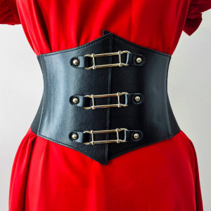 Centura corset Tao, din piele ecologica, elastica, cu capse si detalii metalice, Negru 2