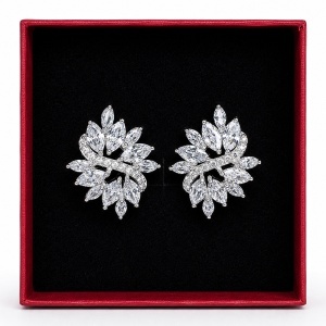Cercei eleganti cu cristale zirconiu in forma de frunze si linie curbata, in cutie cadou, Argintiu - Img 2