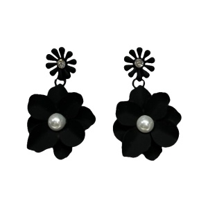 Cercei lungi Theona, design floral, cu tija si pietre artizanale, Negru