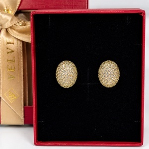 Cercei mici eleganti bombati cu cristale zirconiu cubic pave, in cutie cadou, Auriu - Img 5