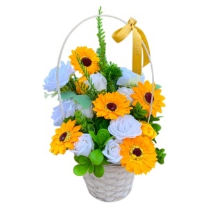 Cos aniversar Floral Collection cu trandafiri, floarea soarelui de sapun si plante artizanale, 37 cm