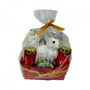 Cos Eastern, decoratiune iepuras alb, 2 candele, praline Raffaello 90gr, cafea Davidoff 250gr, 20 oua kinder , felicitare , in cos rosu