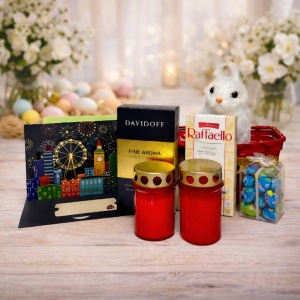 Cos cadou Paste Elegant cu cafea Davidoff, Raffaello, oua Kinder, decoratiune iepuras si candele