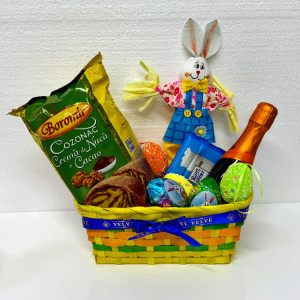 Cos Easter, decoratiune iepure, 3 oua decorative, 3 oua ciocolata Choco Pack 60gr, ciocolata Ritter 100gr, cozonac Boromir 450gr,  Prosecco Mionetto 200ml, in cos cadou