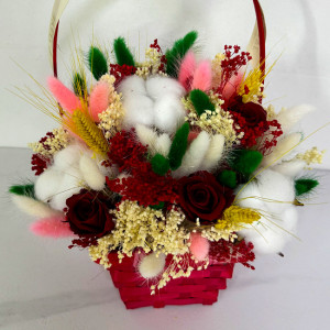 Cosulet aniversar Floral Collection, cu imortele naturale, trandafiri si broom criogenat, lagurus, spice de grau si flori naturale de bumbac, decorat cu funda crem, satinata 2