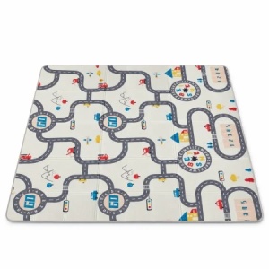 Covor de joaca pliabil si reversibil Dino, imprimeu dinozauri si circuit auto, 200 x 150 cm