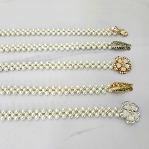 Curea elastica Pearly, catarama metalica decorativa si perle, Gold Flower - Img 6