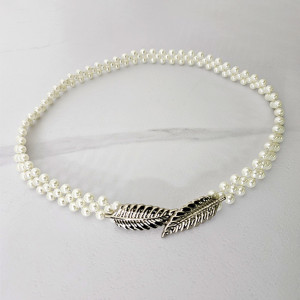 Curea elastica Pearly, catarama metalica decorativa si perle, Silver Leaf 1