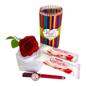Cutie metalica cu creioane colorate, pix personalizat invatatoare, trandafir de sapun cu sclipici, praline Raffaello 80gr - Img 5