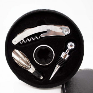 Cutie rotunda eleganta cu 4 accesorii pentru desfacerea sticlei cu vin, din piele ecologica - Img 3