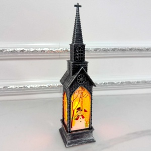 Decoratiune Capela luminoasa Church and Night cu lumina LED si Om de Zapada pictat, Negru, 21X5X5 cm - Img 4