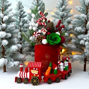 Decoratiune de Craciun din lemn, trenulet cu personaje festive, Rosu, 39 cm - Img 4