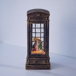 Decoratiune de Craciun, felinar in forma de cabina telefonica, luminos si muzical, cu scena nasterii lui Iisus, USB inclus, 21 x 9 x 9 cm