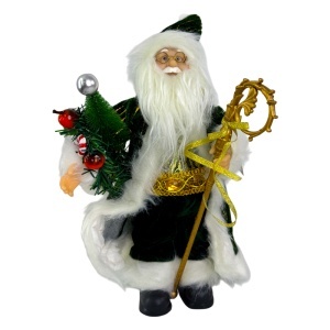 Decoratiune Mos Craciun, cu brad și toiag auriu, 35 cm, Verde
