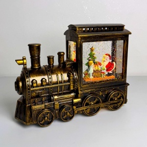 Decoratiune muzicala si luminoasa de Craciun, tip locomotiva, cu zapada in miscare si lumina calda, 18x23 cm, Auriu-Negru - Img 4