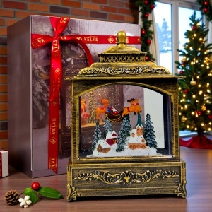 Decoratiune muzicala si luminoasa, Felinar Vintage, cu Mos Craciun si sania trasa de reni, lumini calde si zapada in miscare, USB inclus, 20x14 cm - Img 4
