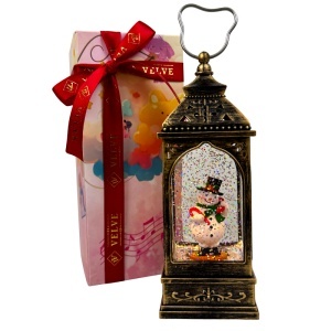 Decoratiune muzicala si luminoasa, Felinar Vintage, cu Om de zapada, lumini calde si zapada in miscare, 20x8 cm