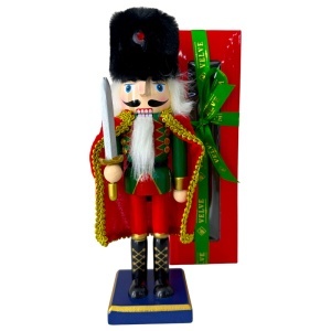 Decoratiune pentru masa de Craciun, Spargatorul de Nuci, cu pelerina rosie si sabie, Soldat, Rosu-Verde, 25cm