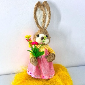 Decoratiune pentru Paste, iepuras in rochita roz, cu buchetel floral, 37cm