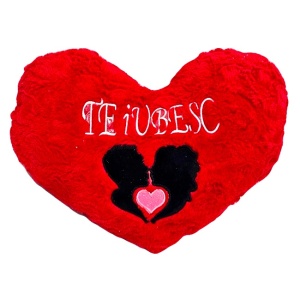 Decoratiune Perna Brodata in forma de inima si mesaj "Te iubesc", cu doi indragostiti, 25x35, Rosu-Negru