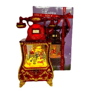 Decoratiune premium Nostalgic Phone, cu functii muzicale, lumina LED si zapada in miscare, Sania Mosului trasa de reni, Rosu Bordo 32X17X8 cm - Img 5