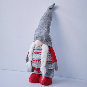 Decoratiune tematica, Elf , cu caciulia si doua codite, 30 cm, Rosu/Gri