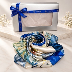 Esarfa premium dama cu imprimeu floral abstract, 70 x 70 cm, Albastru - Img 5